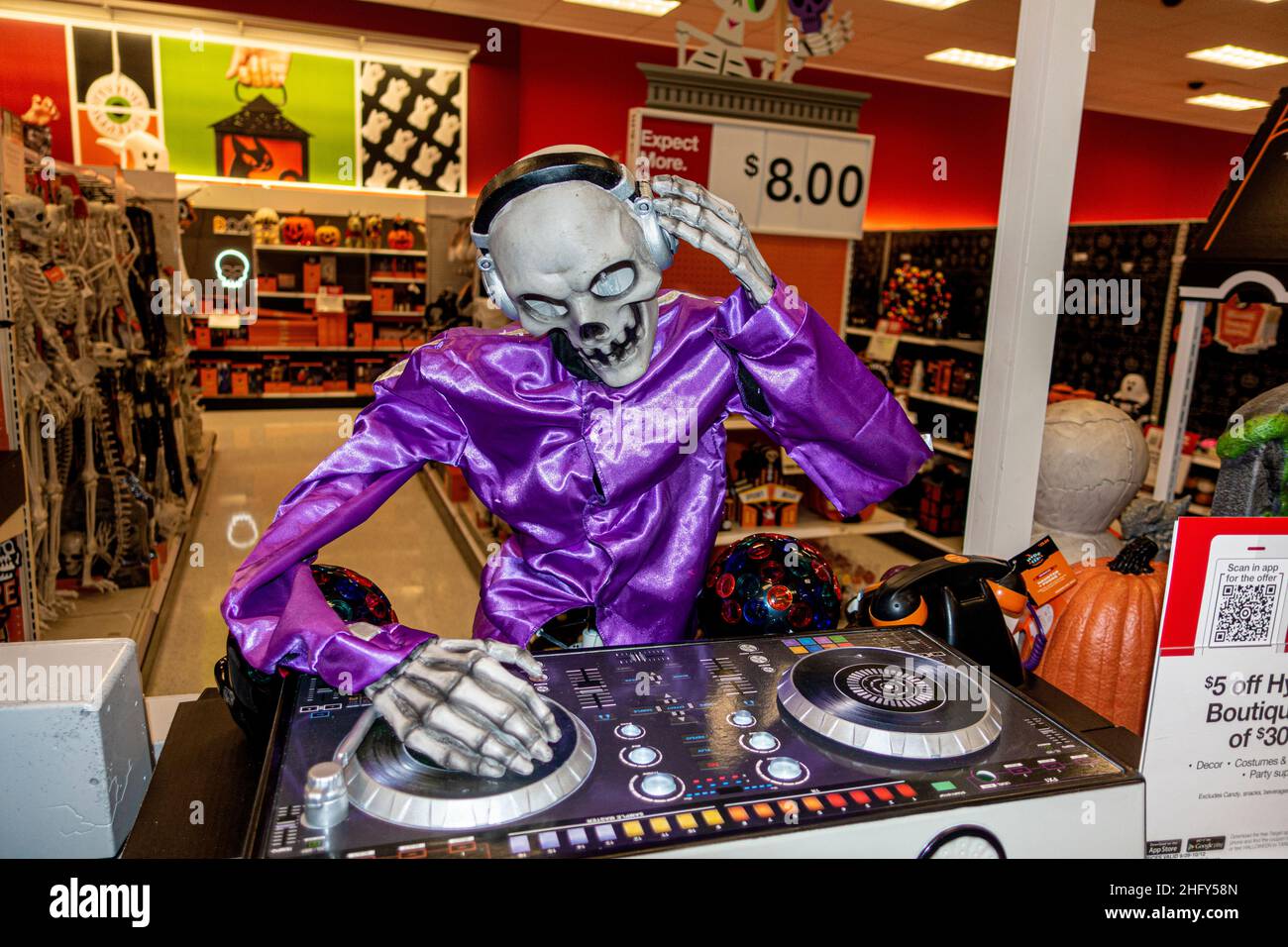 Halloween DJ skeleton spinning records in a Target retail store. Fergus Falls Minnesota MN USA Stock Photo
