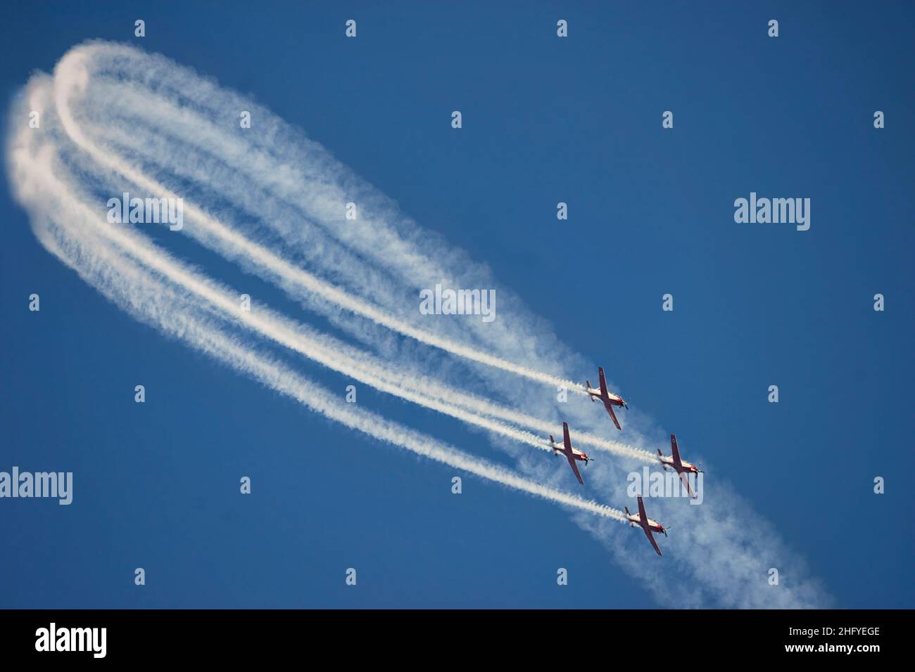 Aircraft with propellers are flying in the sky of the country, in Israel Stock Photo