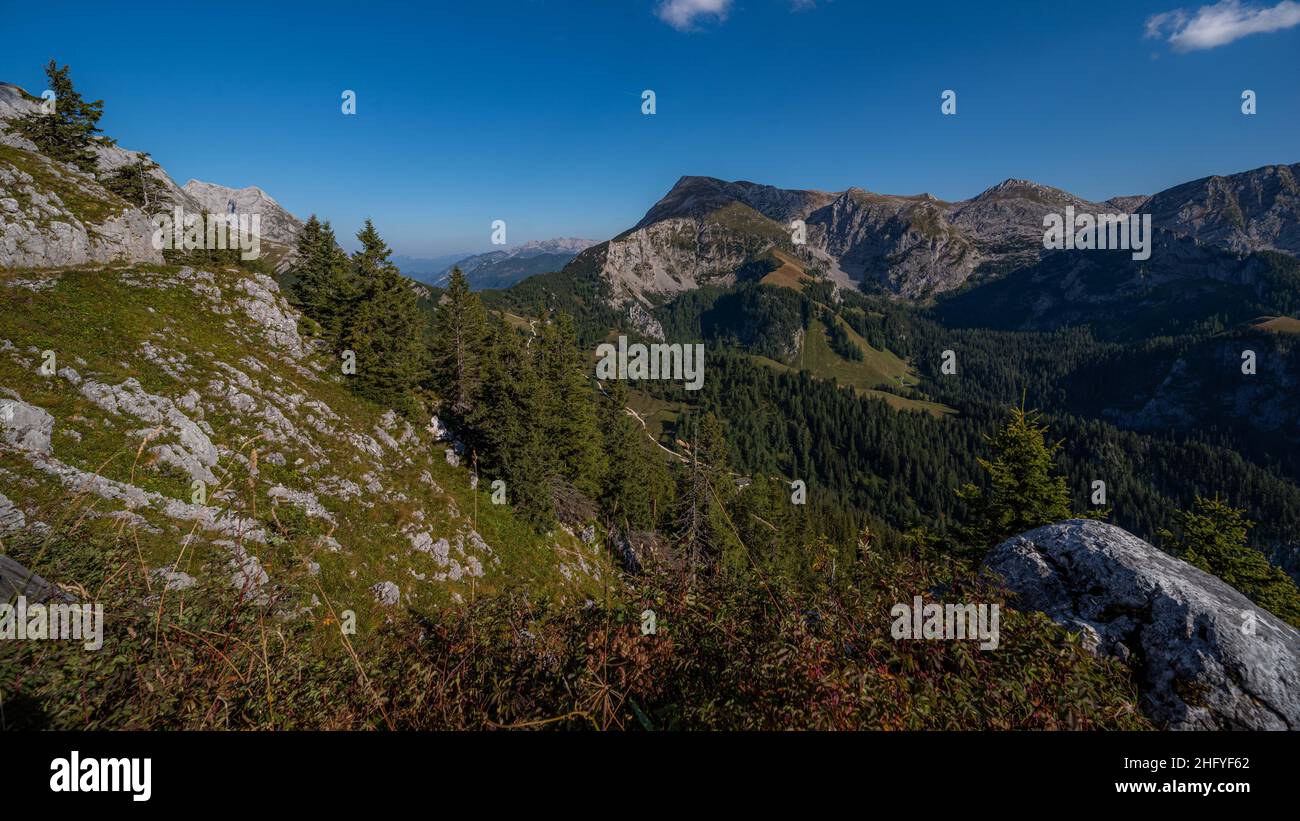 Alpen, Berchtesgadener Land im Sommer bei blauem Himmel und schöner Sicht Stock Photo