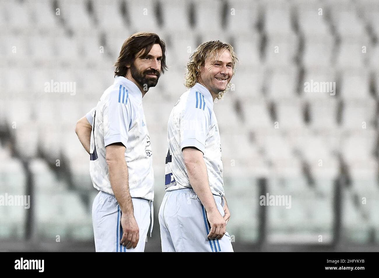 Nicolo Campo / LaPresse 25 May 2021, Turin (Italy) Sport - Football Partita del Cuore 2021 - Champions for research vs Italy national singers football team In the pic: Pavel Nedved, Andrea Pirlo Stock Photo