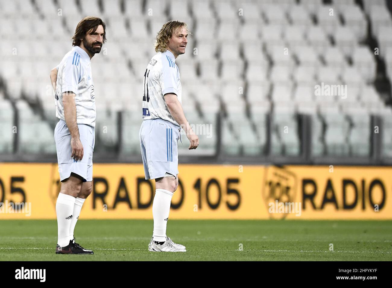 Nicolo Campo / LaPresse 25 May 2021, Turin (Italy) Sport - Football Partita del Cuore 2021 - Champions for research vs Italy national singers football team In the pic: Pavel Nedved, Andrea Pirlo Stock Photo
