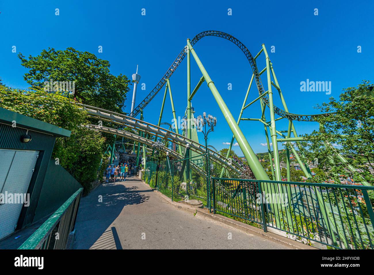 Gothenburg, Sweden - June 15 2014: Tracks of roller coaster Helix at Liseberg amusement park.. Stock Photo