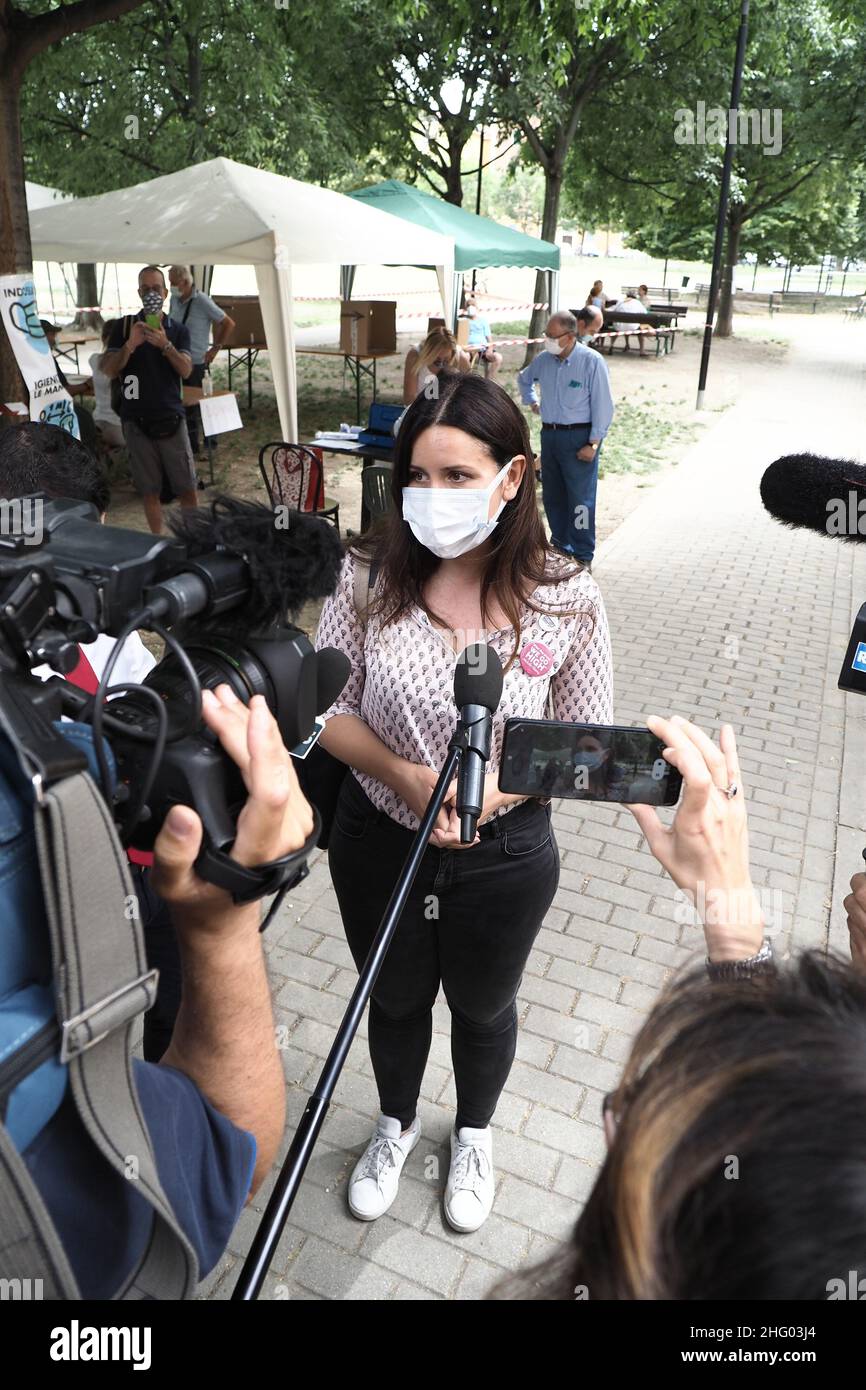 Michele Nucci/LaPresse June 20 , 2021 - Bologna, Italy - news in the pic: Primary election candidate for mayor - candidate Isabella Conti talks to journalists during a press conference at the Velodrome park Stock Photo