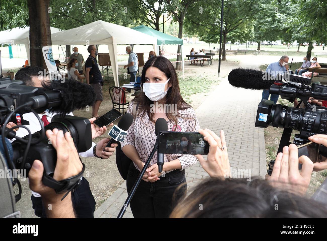 Michele Nucci/LaPresse June 20 , 2021 - Bologna, Italy - news in the pic: Primary election candidate for mayor - candidate Isabella Conti talks to journalists during a press conference at the Velodrome park Stock Photo