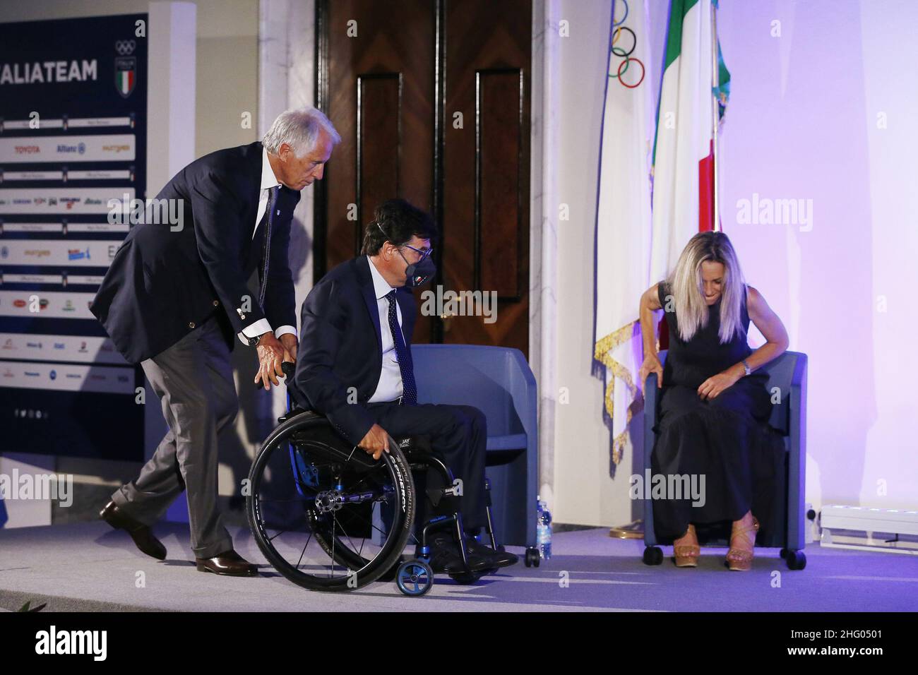 Cecilia Fabiano/ LaPresse June 24 , 2021 Roma (Italy) News : Milan Cortina event with the Ministry of Education at the CONI hall of honor In the pic : Valentina Vezzali ,. Luca Pancalli Giovanni Malagò Stock Photo