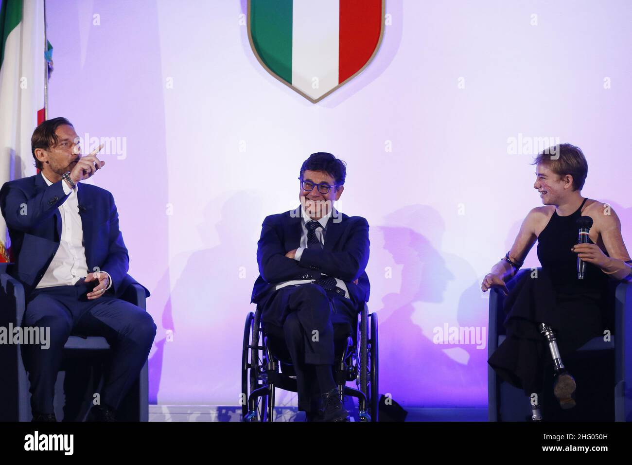 Cecilia Fabiano/ LaPresse June 24 , 2021 Roma (Italy) News : Milan Cortina event with the Ministry of Education at the CONI hall of honor In the pic : Francesco Totti, Luca Pancalli , Bebe Vio Stock Photo