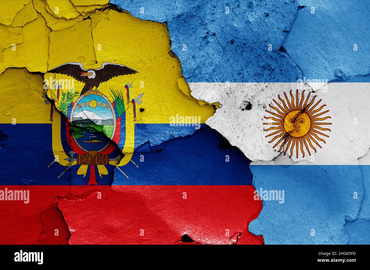 flags of Ecuador and Argentina painted on cracked wall Stock Photo