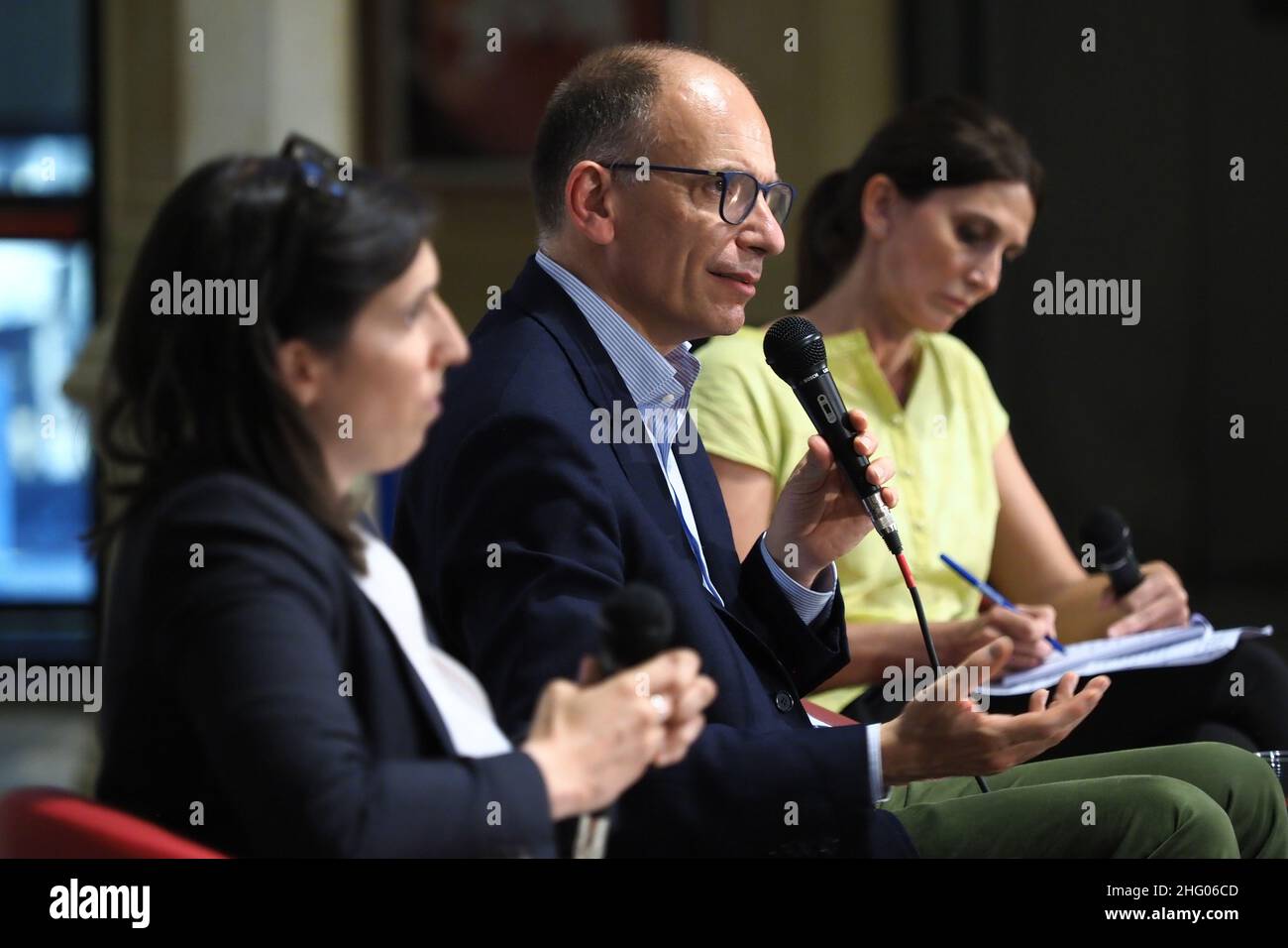 Michele Nucci/LaPresse June 29, 2021 - Bologna, Italy - news in the pic: Presentation of the new book by the secretary of the PD Enrico Letta with vice president of the Emilia Romagna region Elly Schlein in the Sala Borsa Stock Photo
