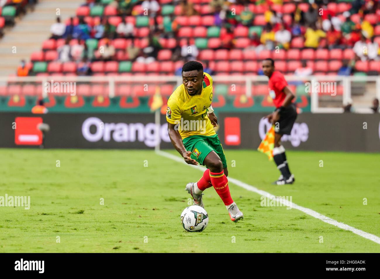 YAOUNDE, CAMEROON - JANUARY 17: Collins Fai of Cameroon control ball during the 2021 Africa Cup of Nations group A match between Cape Verde and Cameroon at Stade d'Olembe on January 17, 2022 in Yaounde, Cameroon. (Photo by SF) Stock Photo