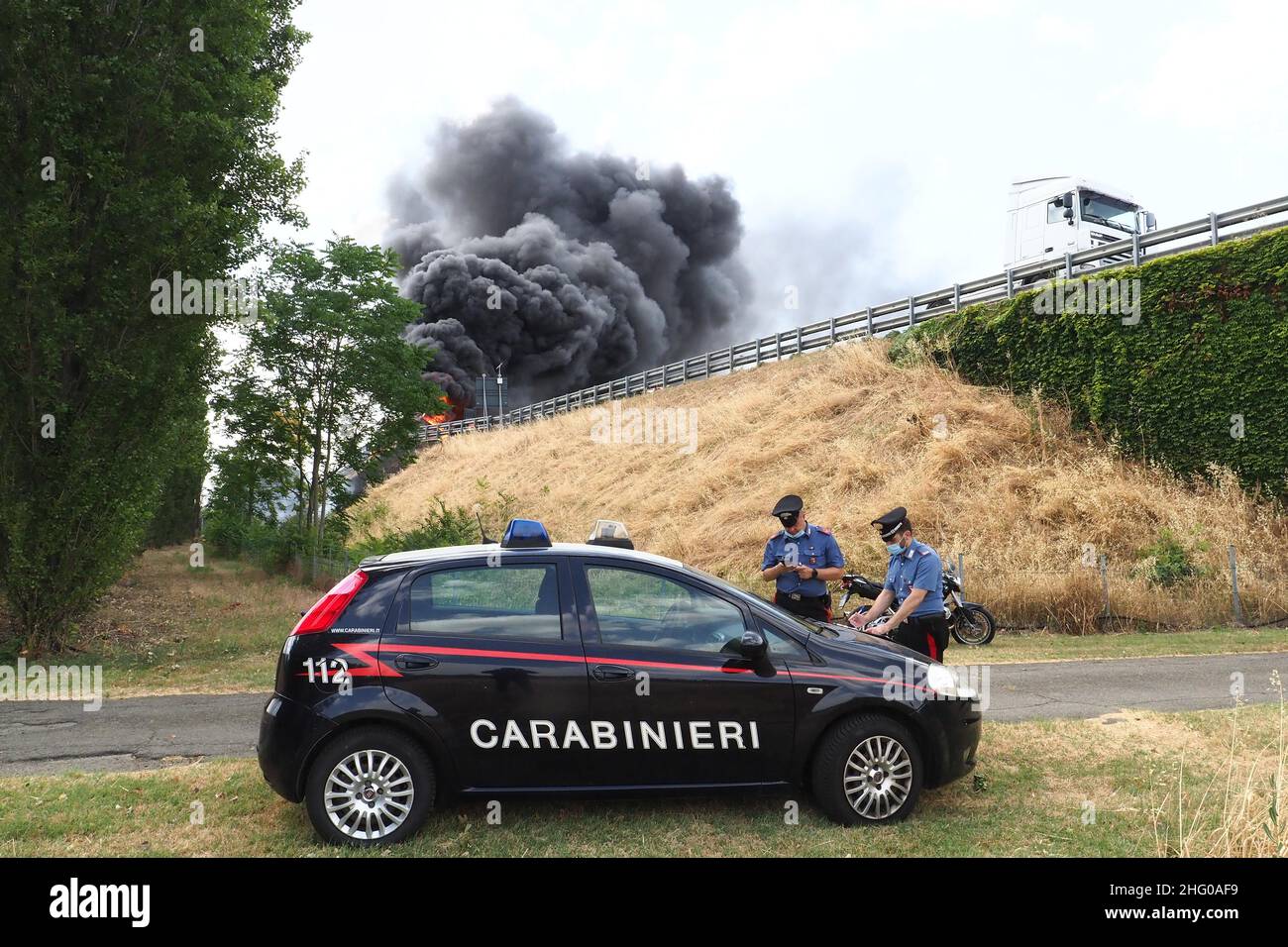 Michele Nucci/LaPresse July 13, 2021 - Bologna, ItalyNewsBologna, a truck fire on the A14 freeway in the pic: Fire truck on the highway Stock Photo