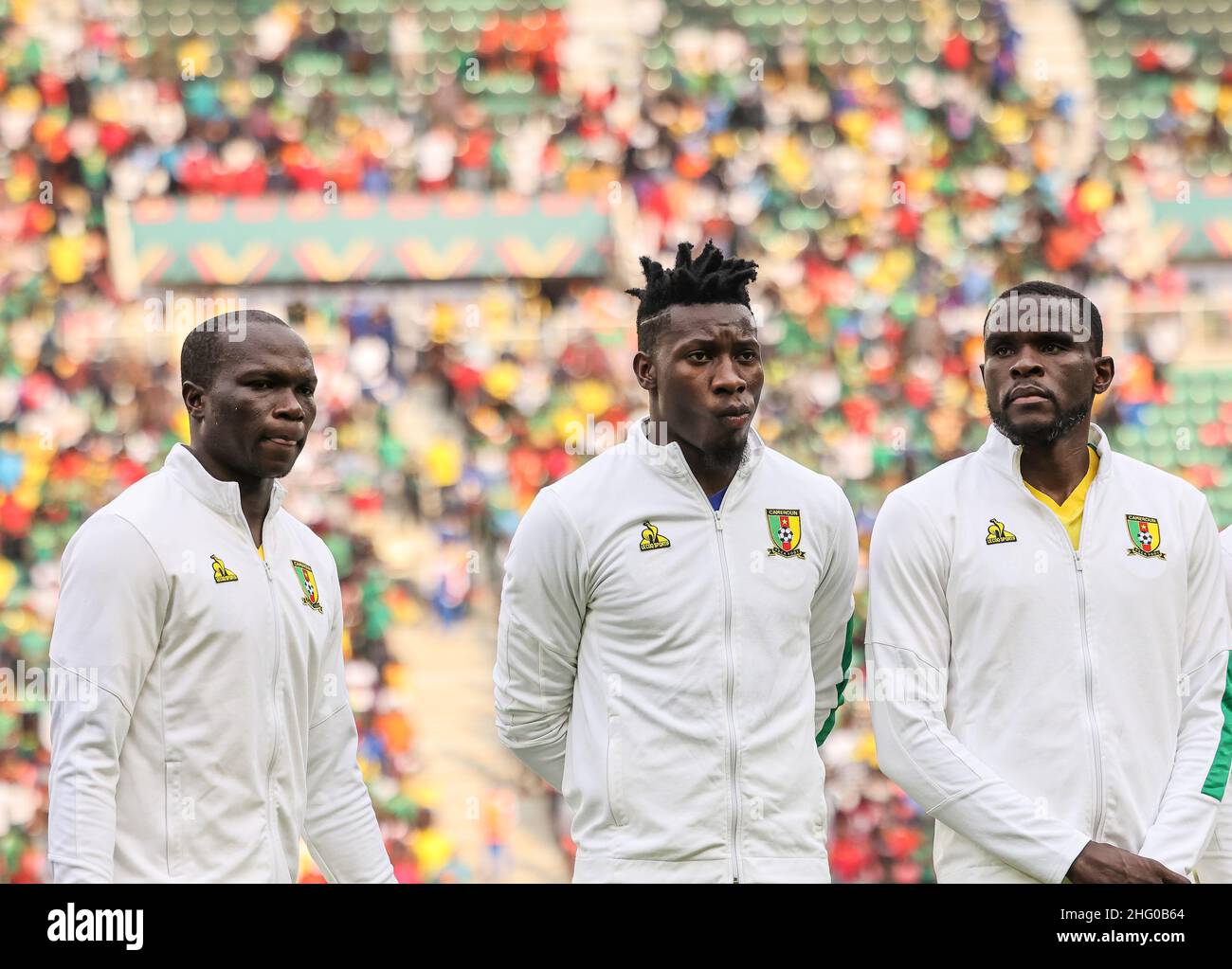 YAOUNDE, CAMEROON - JANUARY 17: (L) Vincent Aboubakar, Andre Onana, Collins Fai of Cameroon during the 2021 Africa Cup of Nations group A match between Cape Verde and Cameroon at Stade d'Olembe on January 17, 2022 in Yaounde, Cameroon. (Photo by SF) Stock Photo