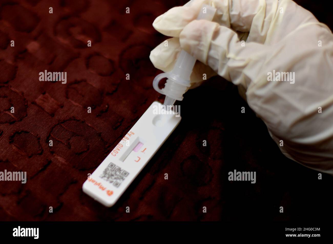 In this photo illustration a swab sample seen put into a Rapid Antigen
