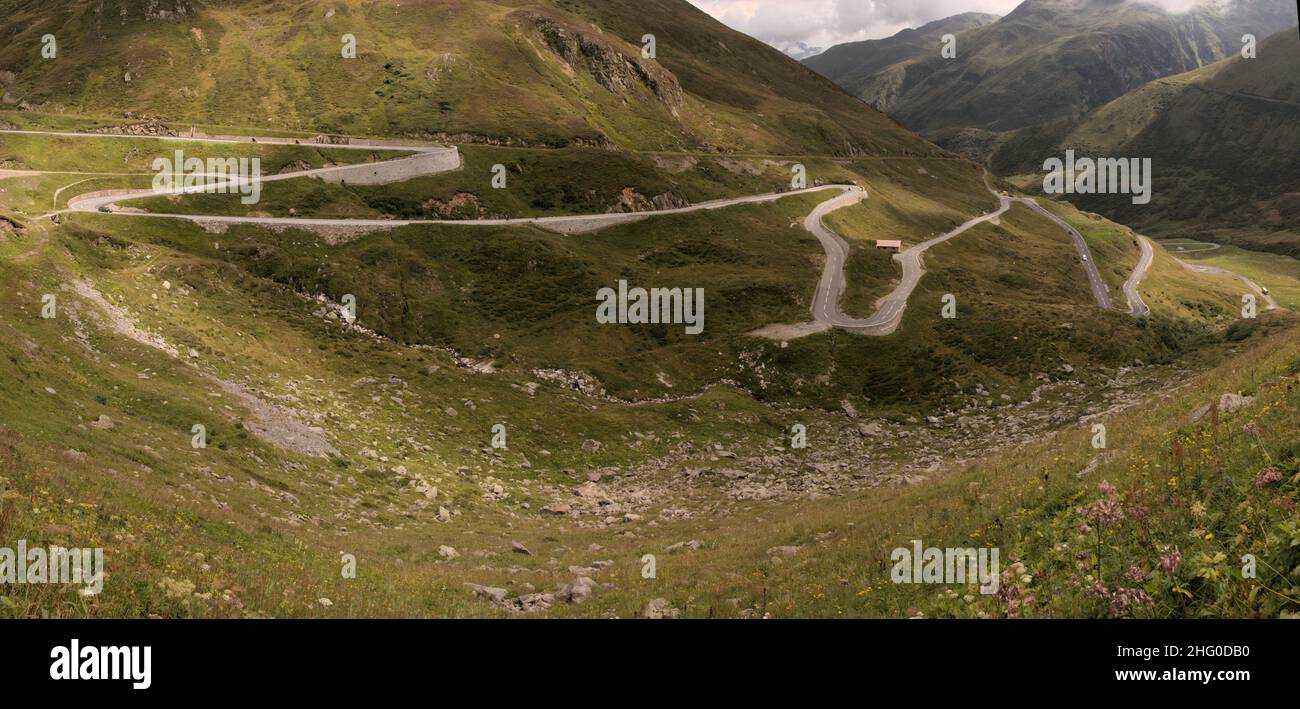 Serpentine road leading up to the Furka Pass in Grisons, Switzerland Stock Photo