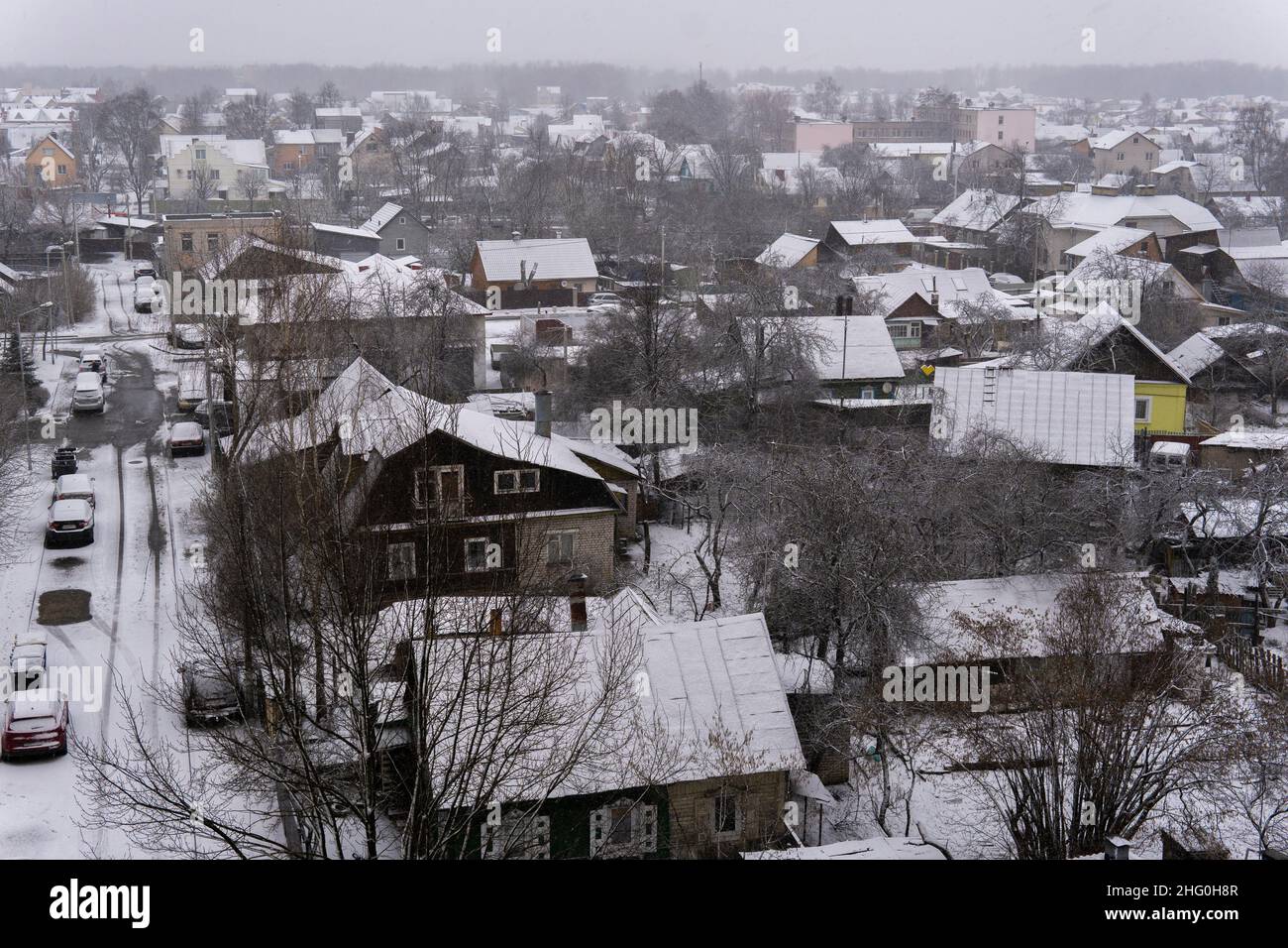 village view from the top. the roofs of the houses are covered with ...