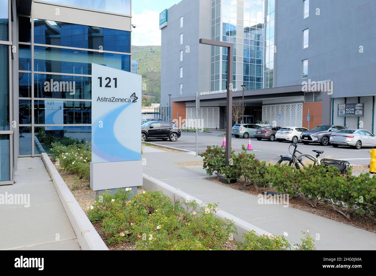 Exterior sign at the AstraZeneca building in South San Francisco ...