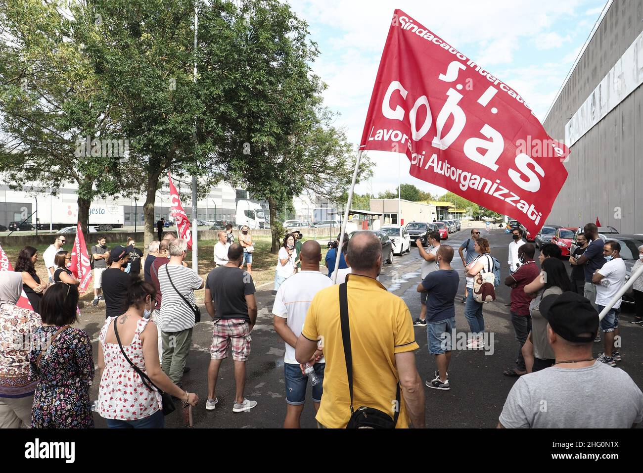Michele Nucci/LaPresse August 2, 2021 - Bologna, ItalyNews Workers fired with a message on Whatsappin the pic: workers protest of the &quot;Logista&quot; firm Stock Photo