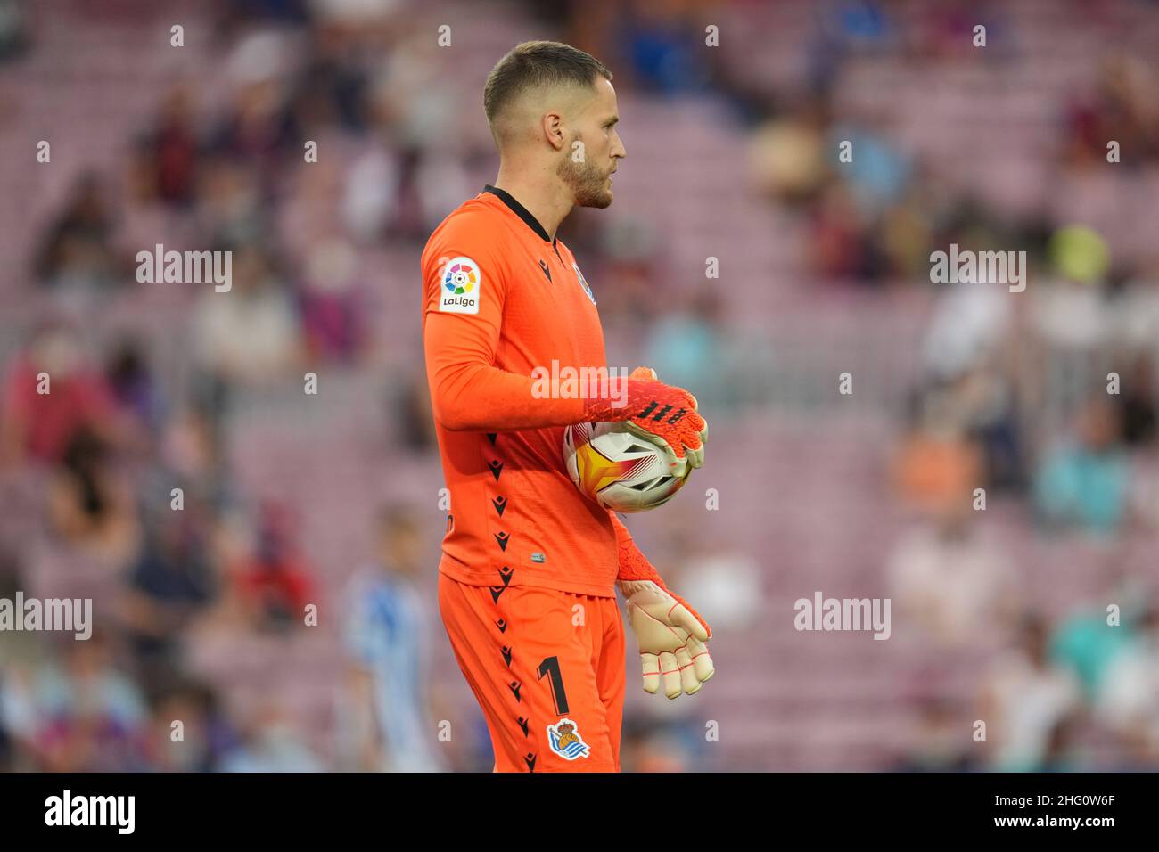 Alejandro Remiro of Real Sociedad during the La Liga match between FC Barcelona and Real Sociedad played at Camp Nou Stadium on August 15, 2021 in Barcelona, Spain. (Photo by PRESSINPHOTO) Stock Photo