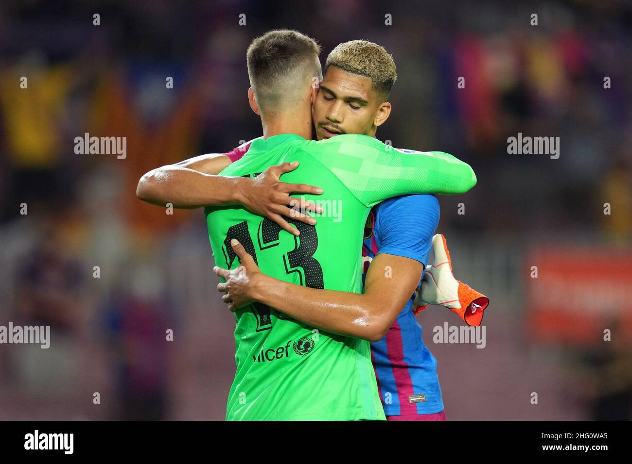 Norberto Murara Neto and Ronald Araujo of FC Barcelona during the La Liga match between FC Barcelona and Real Sociedad played at Camp Nou Stadium on August 15, 2021 in Barcelona, Spain. (Photo by PRESSINPHOTO) Stock Photo