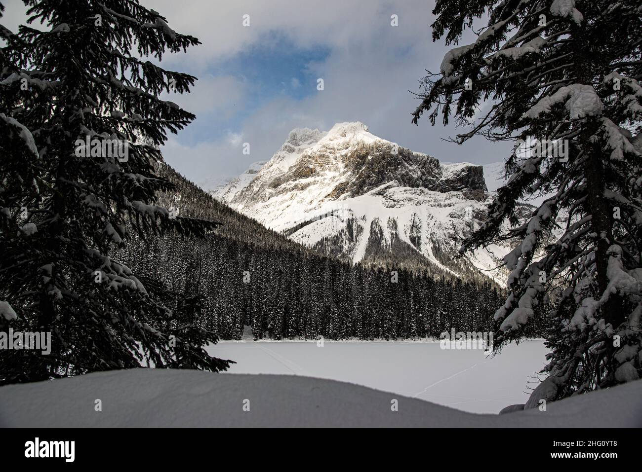 Yoho National Park, Canada - Dec. 23 2021: Frozen Emerald Lake hiding in winter forest surounded by rockies mountains in Yoho National Park Stock Photo