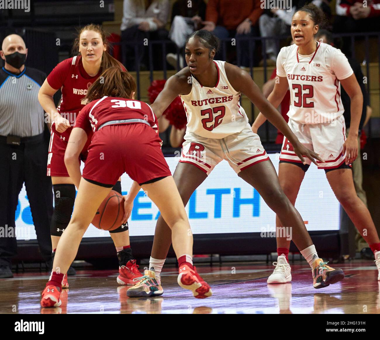 Piscataway, New Jersey, USA. 17th Jan, 2022. Rutgers Scarlet Knights forward Tyia Singleton (22) defends Wisconsin Badgers guard Sydney Hilliard (30) in the second half between the Wisconsin Badgers and the Rutgers Scarlet Knights at Jersey Mikes Arena in Piscataway, New Jersey on Sunday January 16 2022. Wisconsin defeated Rutgers 49-45. Duncan Williams/CSM/Alamy Live News Stock Photo