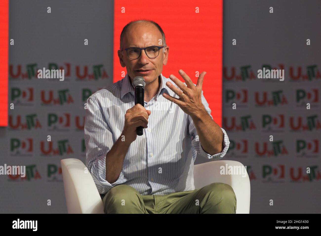 Michele Nucci/LaPresse September 1, 2021 - Bologna, Italy - news in the pic: the national secretary of the Democratic Party PD Enrico Letta interviewed by Simona Sala on the national Festa dell&#x2019;Unit&#xe0; in Bologna Stock Photo