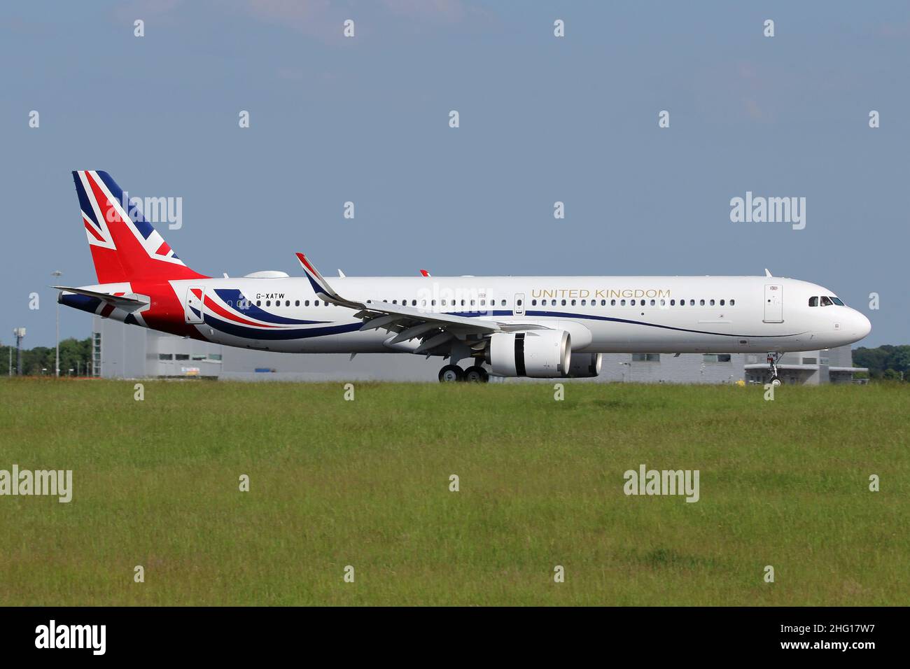 UK Government Airbus A321 VIP jet operated by Titan Airways arriving at Stansted airport with
