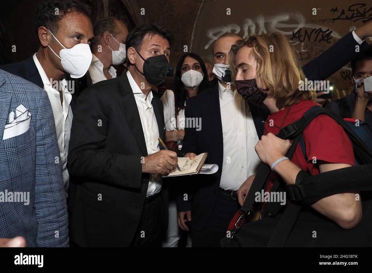 Michele Nucci/LaPresse September 10, 2021 - Bologna, Italy news Former Prime Minister Giuseppe Conte with Foreign Minister Luigi Di Maio and Bologna mayoral candidate Matteo Lepore on a tour of the city Stock Photo