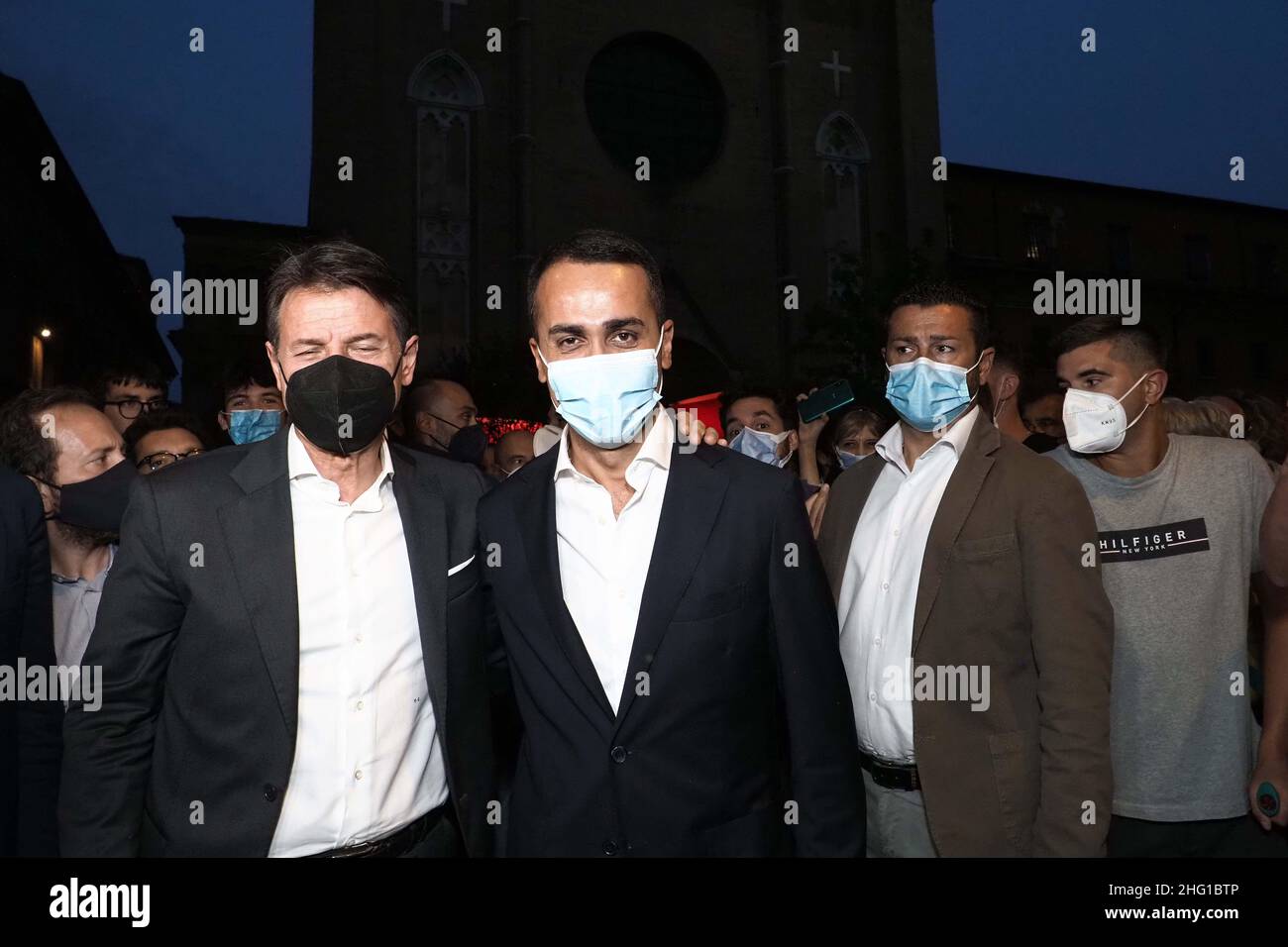 Michele Nucci/LaPresse September 10, 2021 - Bologna, Italy news Former Prime Minister Giuseppe Conte with Foreign Minister Luigi Di Maio and Bologna mayoral candidate Matteo Lepore on a tour of the city Stock Photo