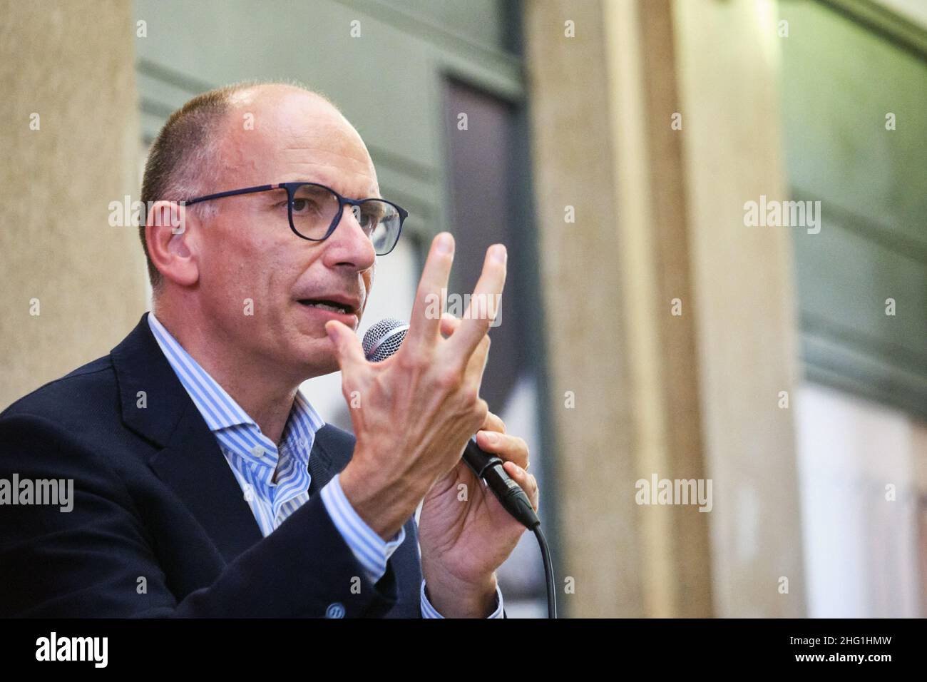 Mauro Scrobogna /LaPresse September 21, 2021 Rome, Italy Politics Book presentation by Romano Prodi In the photo: the Secretary of PD Enrico Letta during the presentation of his autobiographical book 'Strana vita, la mia' at the Feltrinelli of Galleria Sordi Stock Photo