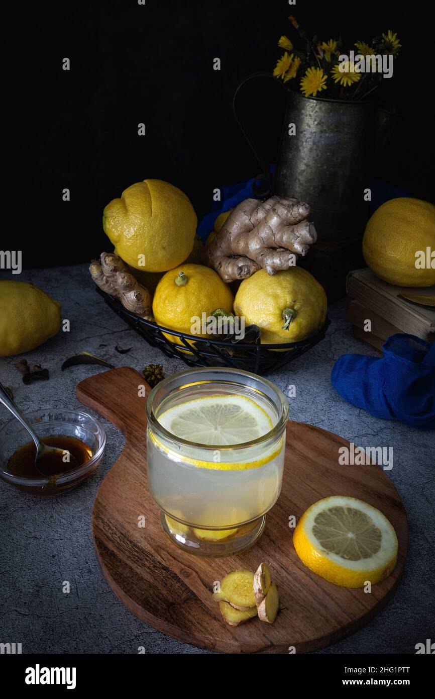 Ginger, lemon and honey tea. Still life low key photography Stock Photo