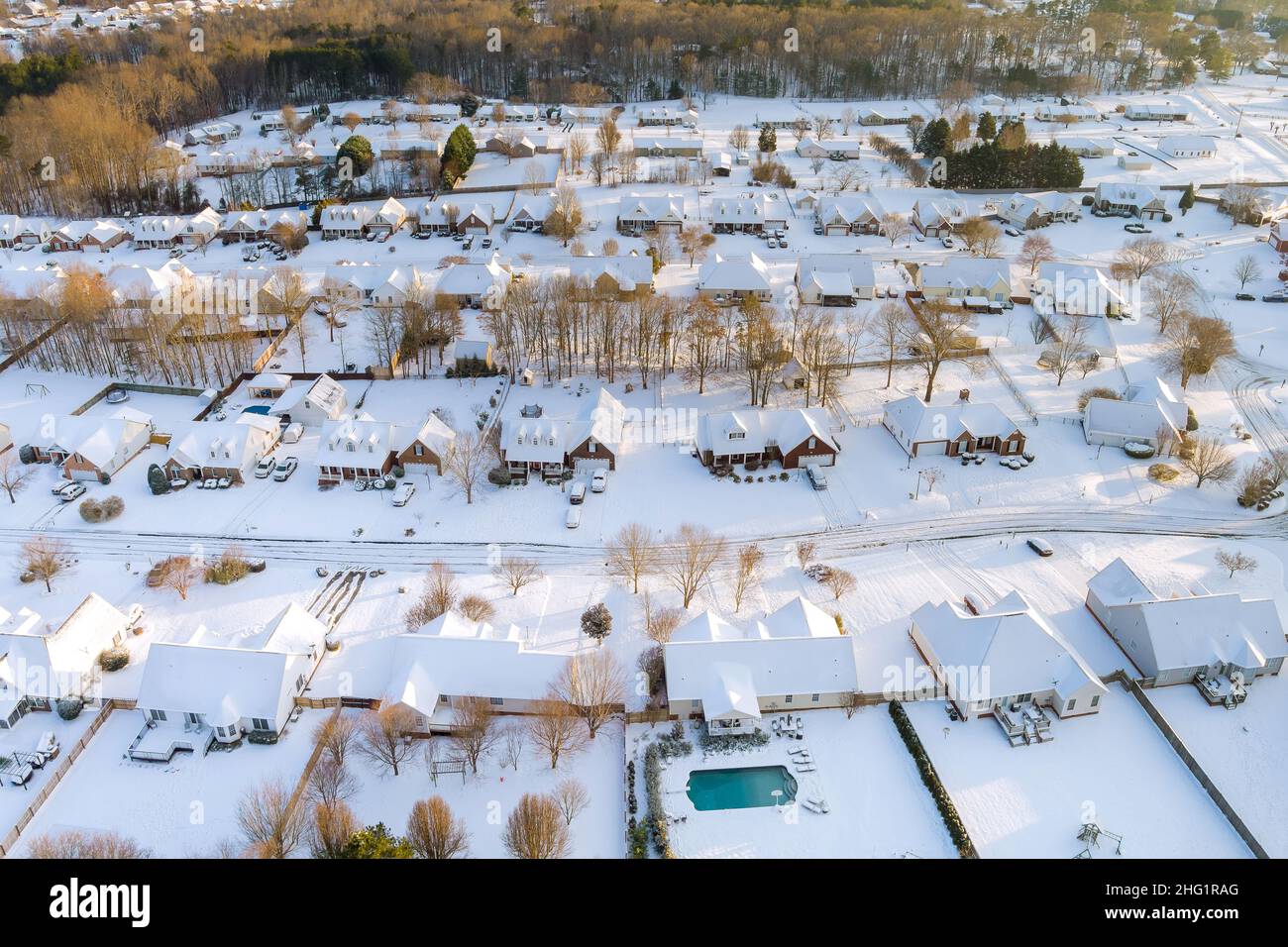 Amazing aerial view with Boiling Springs small town hometown the a after snowfall severe winter