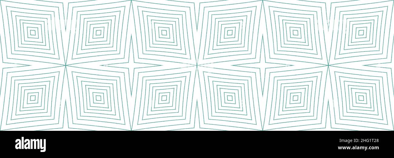Ethnic hand painted seamless border. Turquoise symmetrical kaleidoscope background. Summer dress ethnic hand painted tile. elegant decorative design e Stock Photo