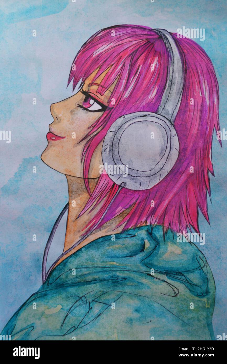 Anime Girl With Headphones Watercolor Illustration Stock Photo - Alamy