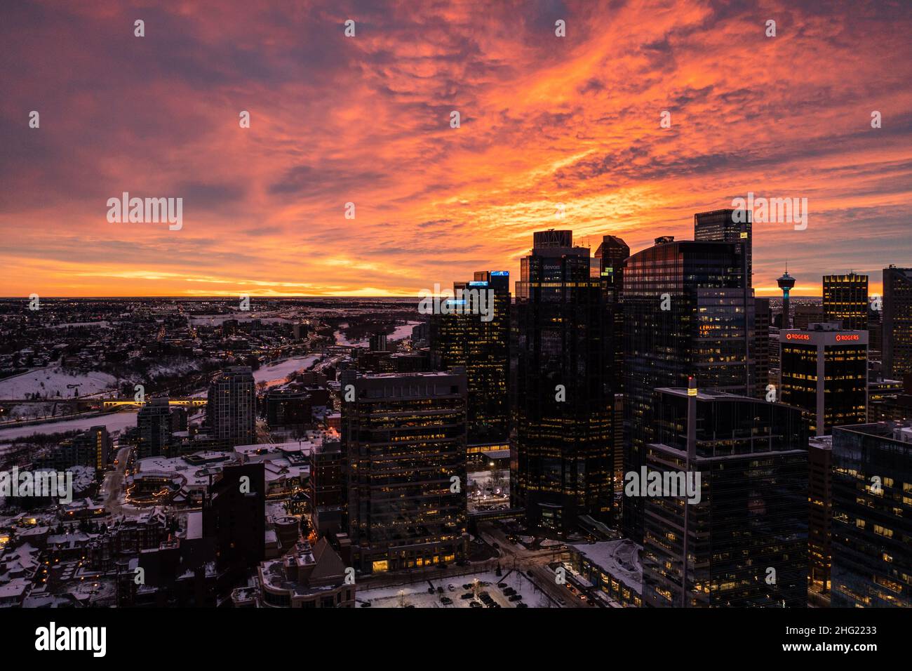 Stunning Sunrise Over Downtown Calgary's Core Stock Photo