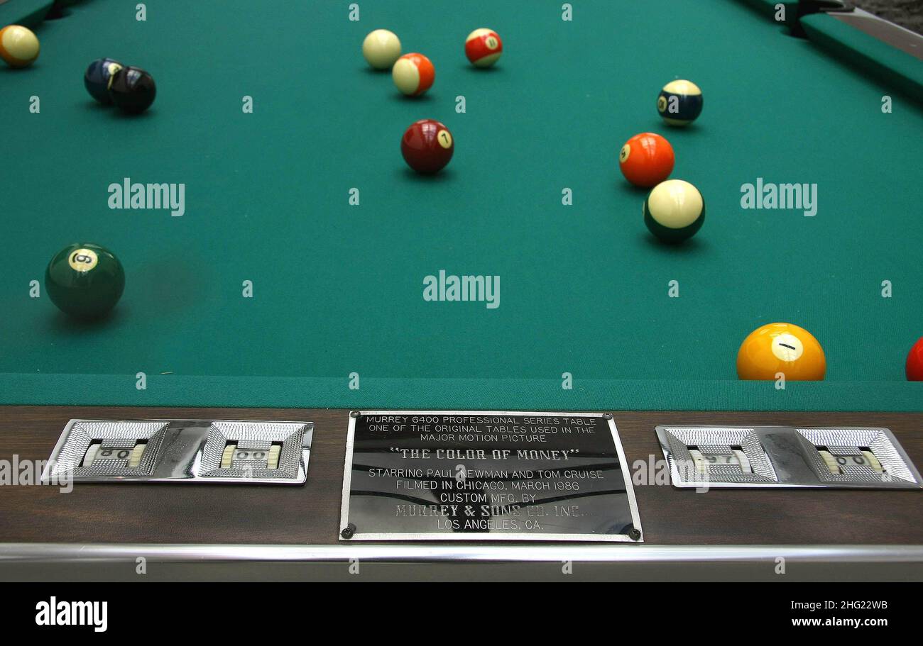 The billiard table used by Paul Newman in the movie "The Colour of Money"  in the museum in Chiapparino, Genoa, Italy Stock Photo - Alamy