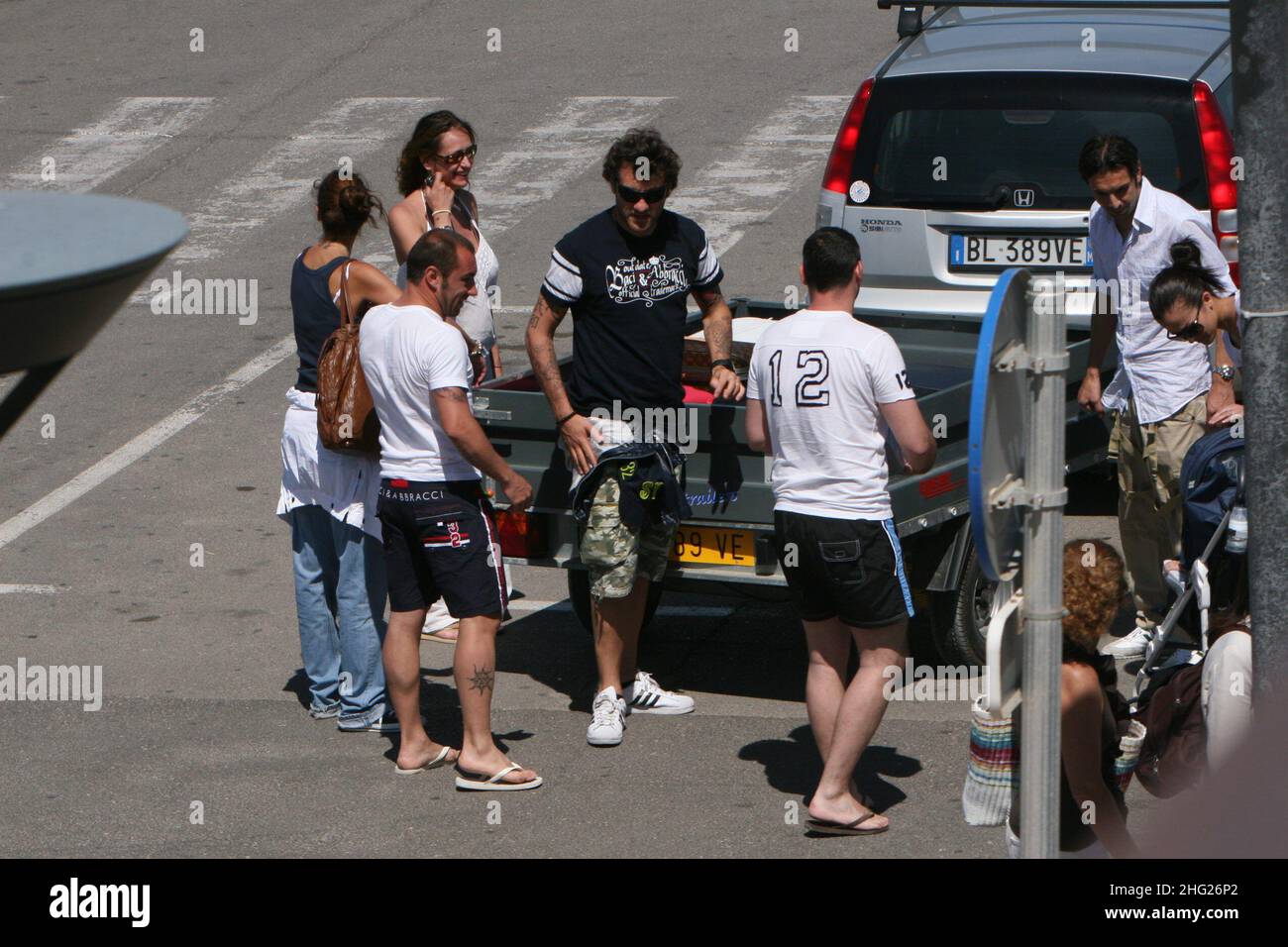 Soccer player Christian Vieri arriving in Formentera with girlfriend Melissa Satta and friend Bombardini with wife Giorgia Palmas, Baleari Islands, Spain.  Stock Photo