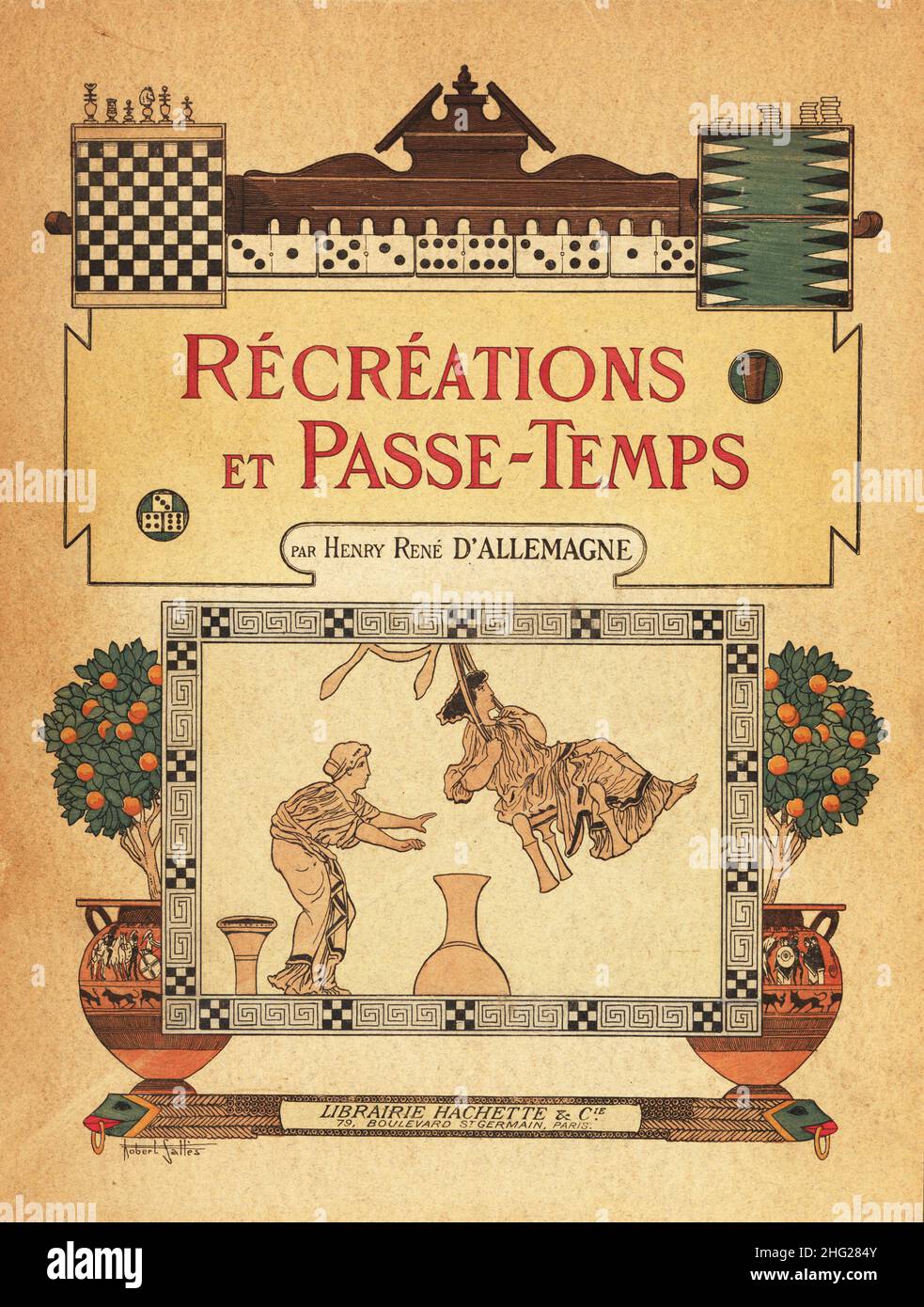 Collage of games, dominos, classical vases and illustration. Front cover designed by art nouveau painter Robert Salles. Handcoloured lithograph from Henry Rene d’Allemagne’s Recreations et Passe-Temps, Games and Pastimes, Hachette, Paris, 1906. Stock Photo