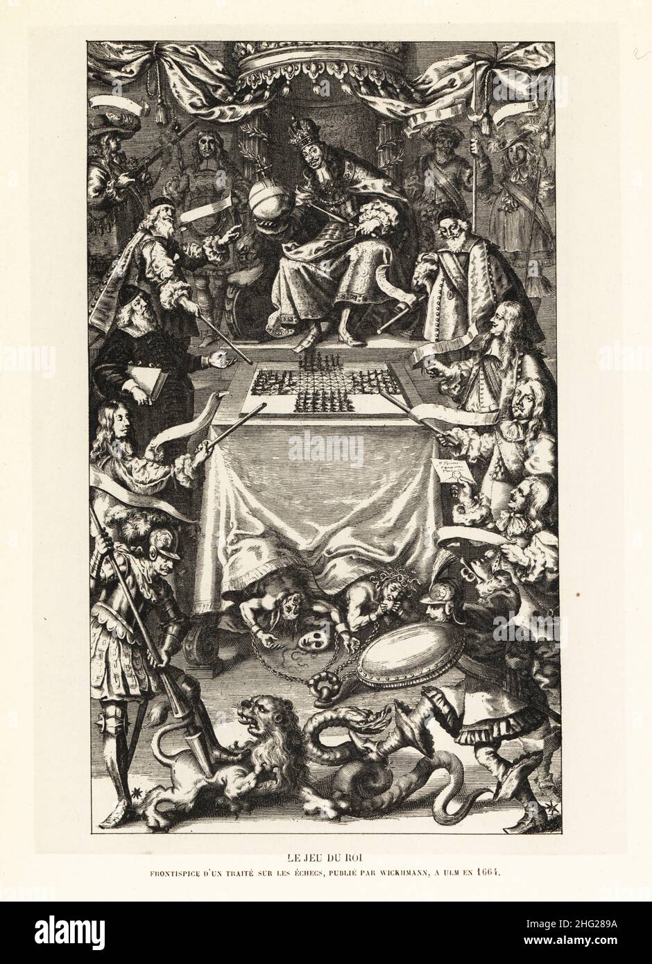 Allegorical print showing a game of four-handed chess, The Royal Game or Le jeu du Roi. A king with orb and sceptre watches courtiers representing power, law, prudence, magnanimity move chess pieces with batons. Frontispiece by Jonas Arnold to New-erfundenes Grosses Konigs-Spiel by Christoph Weickhmann, Ulm, 1664. Lithograph from Henry Rene d’Allemagne’s Recreations et Passe-Temps, Games and Pastimes, Hachette, Paris, 1906. Stock Photo