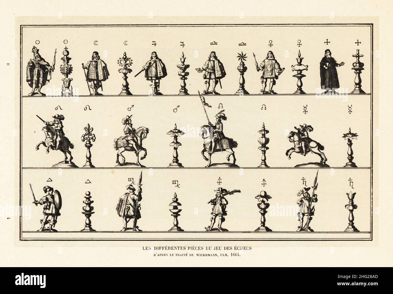 Chess pieces from the 17th century. King, knight, bishop, pawn, etc. Les differentes pieces du jeu des echecs. Engraving from New-erfundenes Grosses Konigs-Spiel by Christoph Weickhmann, Ulm, 1664. Lithograph from Henry Rene d’Allemagne’s Recreations et Passe-Temps, Games and Pastimes, Hachette, Paris, 1906. Stock Photo