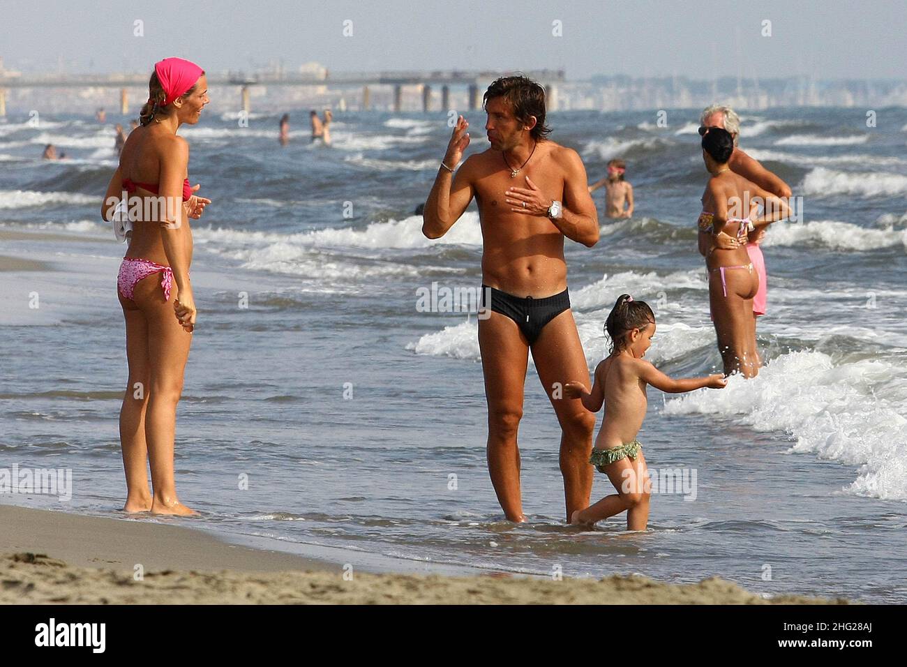 Andrea Pirlo with daughter Angela and wife Deborah on Holiday, Forte Dei Marmi, Italy.  Stock Photo