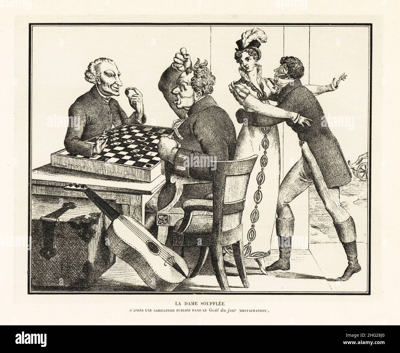 Two men playing checkers at a table, Bourbon Restoration. One holds a checker, the other raises his fist, a woman is consoled by a gentleman. La Dame Soufflee. Jeu de Dames. From Aaron Martinet's Caricatures Parisiennes or Gout du Jour. Lithograph from Henry Rene d’Allemagne’s Recreations et Passe-Temps, Games and Pastimes, Hachette, Paris, 1906. Stock Photo