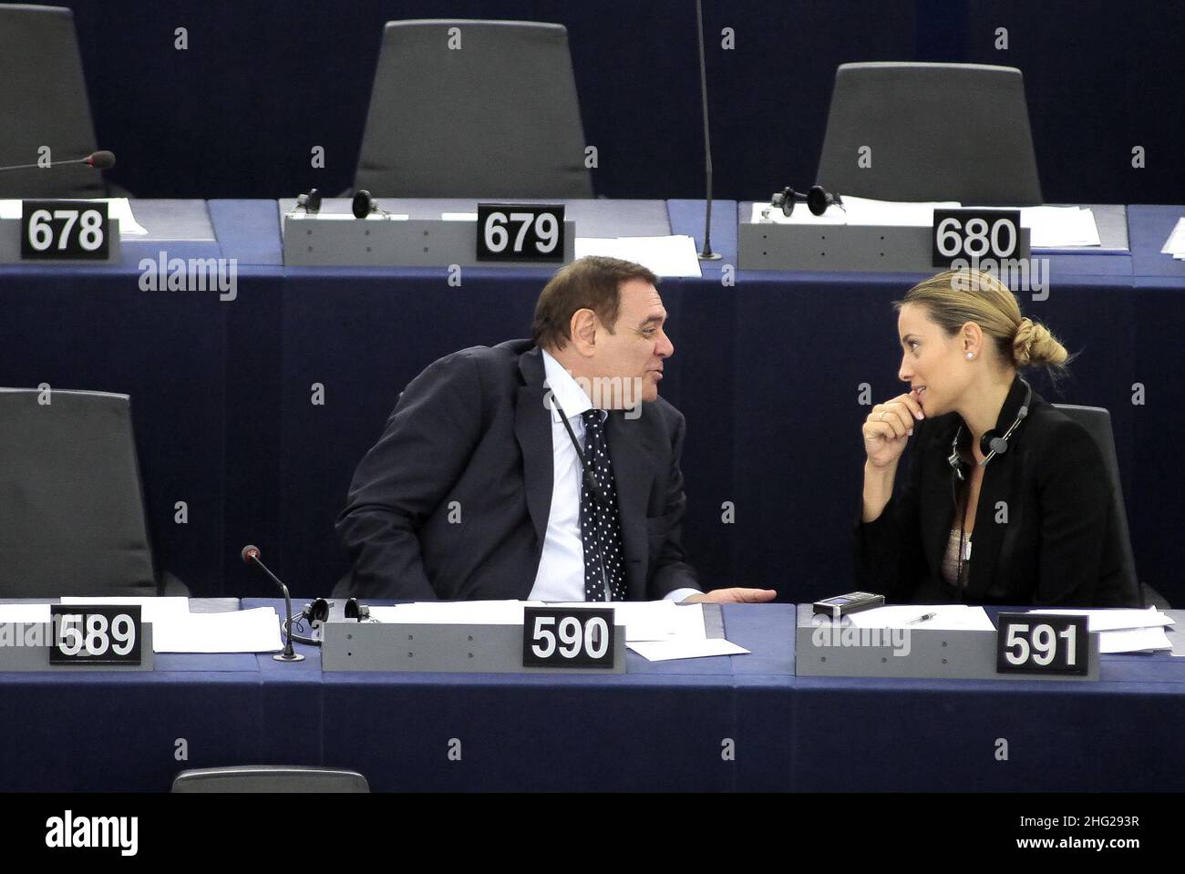 Clemente Mastella and Barbara Matera inside the Louise Weiss building in Strasbourg, France, during an inaugural session of the European Parliament. Stock Photo