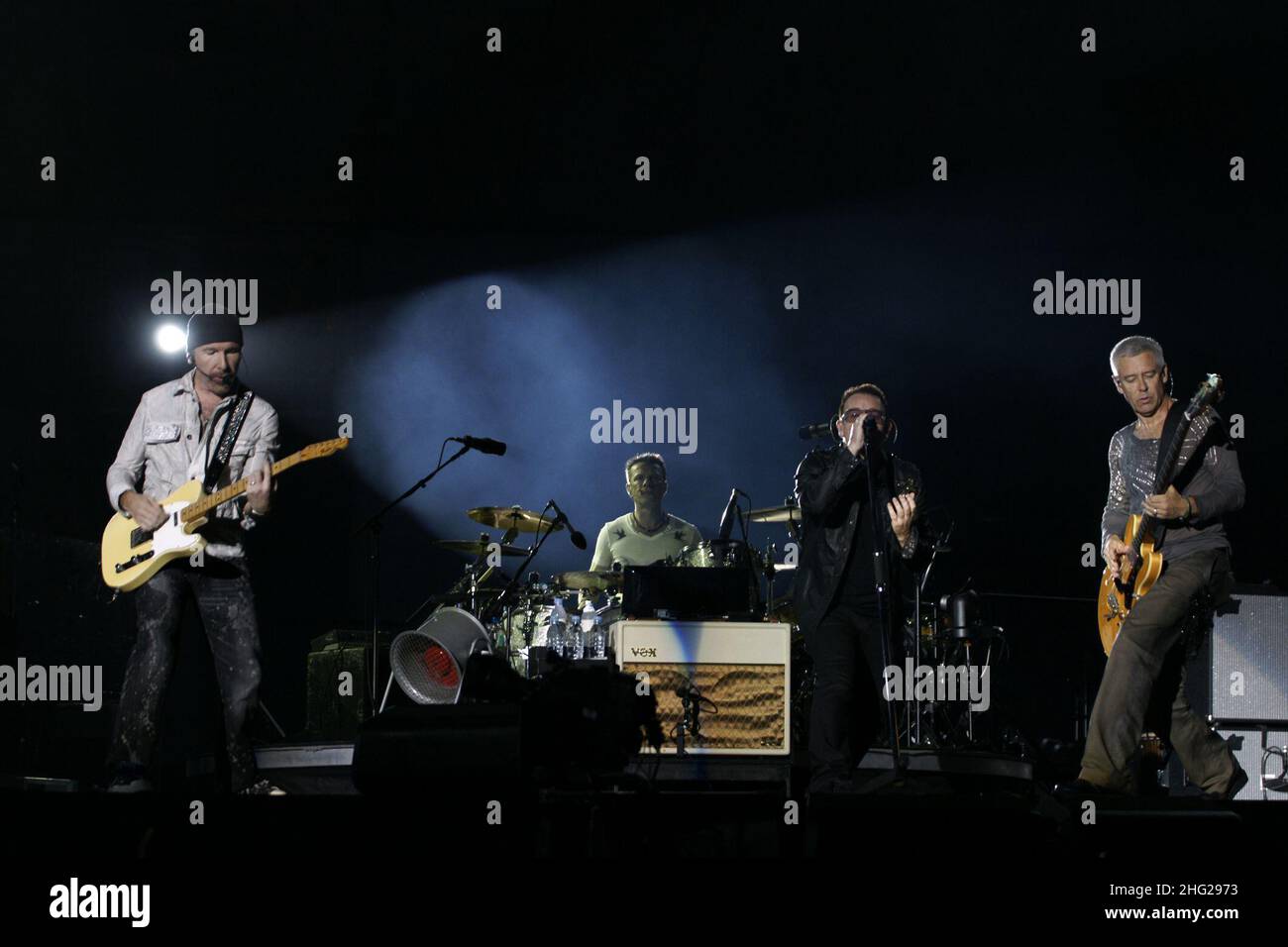 The Edge (l), Larry Mullen, Jr. (second left), Bono (second right) and  Adam Clayton (r) also know as U2 perform in concert at the ' Charles Ehrmann' stadium as part of their 360 degree Tour in Nice, France Stock Photo