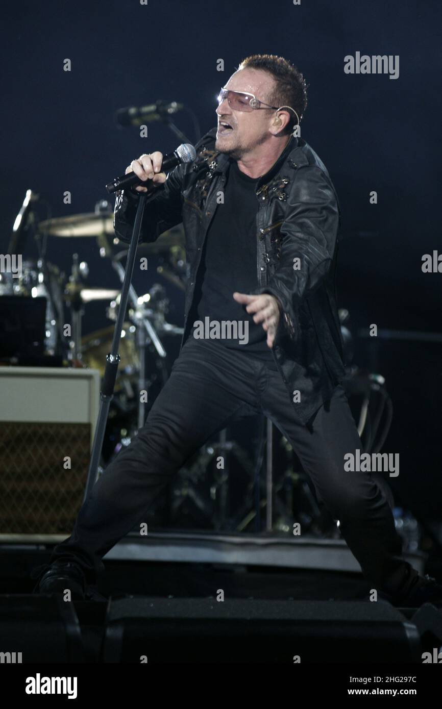 Bono from the band U2 performs in concert at the ' Charles Ehrmann' stadium as part of their 360 degree Tour in Nice, France Stock Photo