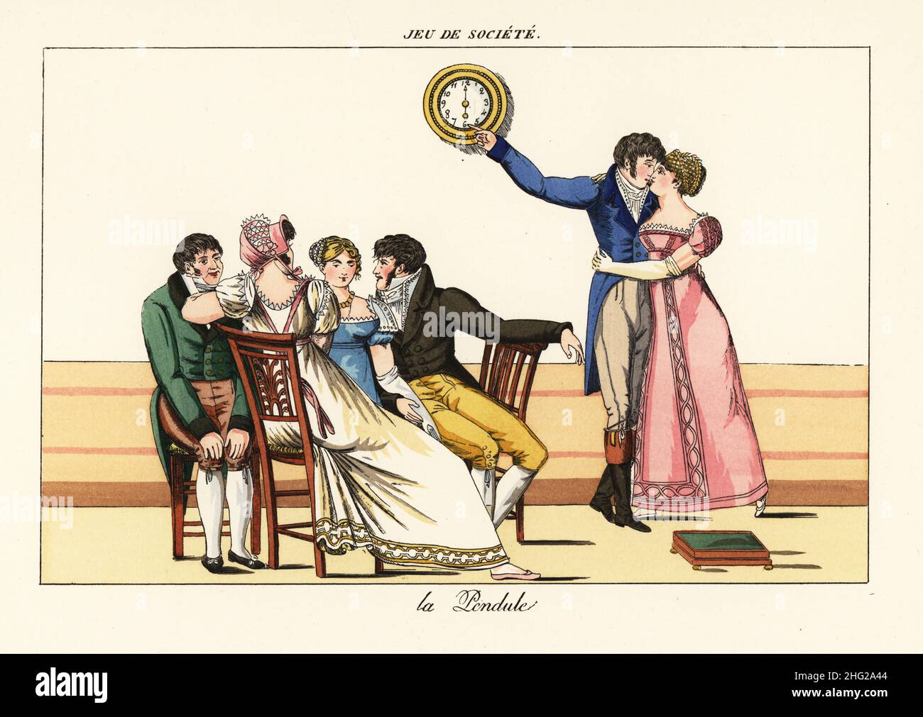 Gentlemen and ladies playing the kissing game The Clock. A woman asks the time and is kissed according to the hour on the clock. La Pendule. Handcoloured lithograph from Henry Rene d’Allemagne’s Recreations et Passe-Temps, Games and Pastimes, Hachette, Paris, 1906. Stock Photo