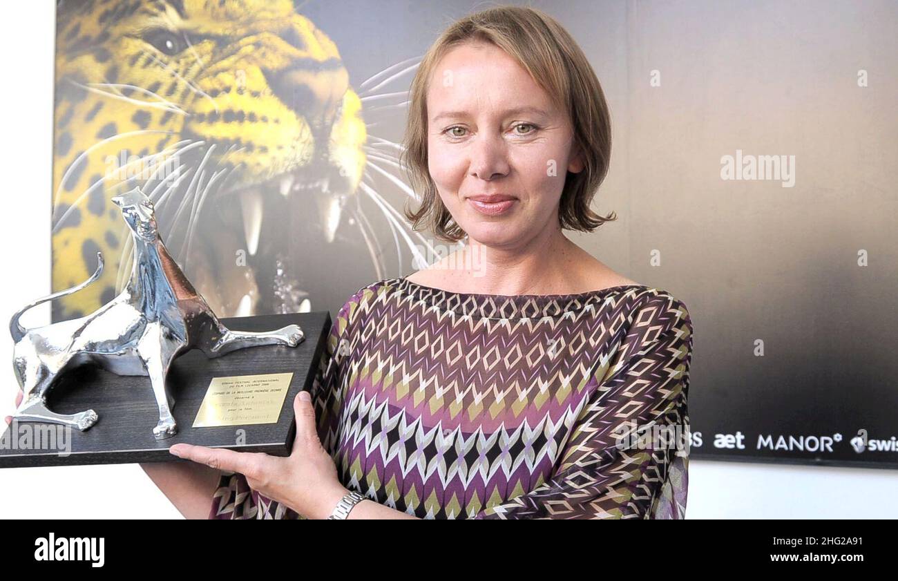 Polish-born Dutch director Urszula Antoniak holds the Leopard for the best first feature of the Filmmakers of the Present Competition she received for her movie 'Nothing Personal', during a photocall at the 62nd Locarno International Film Festival Stock Photo
