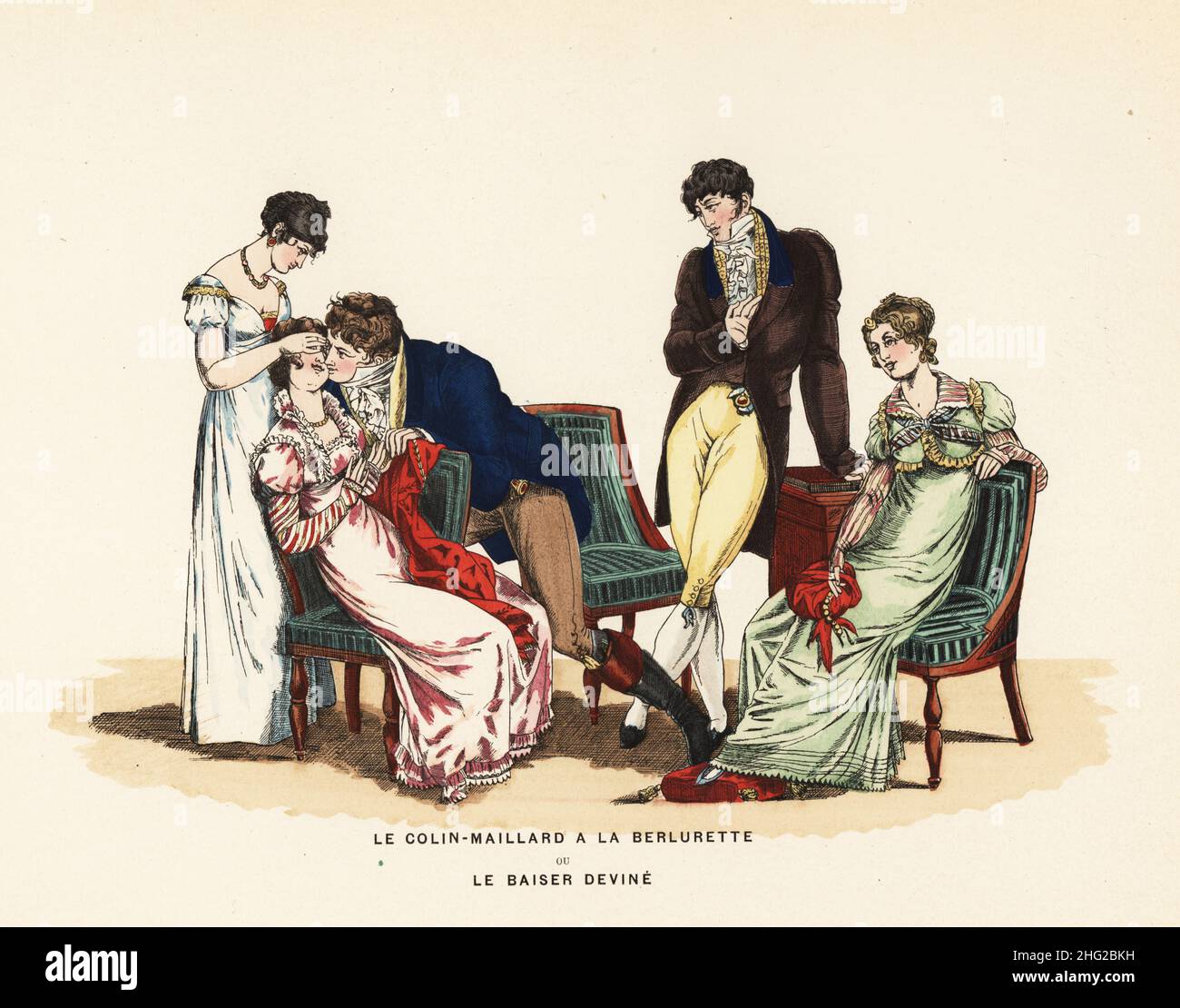 Fashionable people at a party play the game of Guess the Kisser, a parlour game where a blindfolded girl has to guess who is kissing her on the cheek. Le Colin-Maillard a la Berlurette, Le Baiser Devine. After Dutailly from Pierre de la Mesangere's Le Bon Genre, 1817. Handcoloured lithograph from Henry Rene d’Allemagne’s Recreations et Passe-Temps, Games and Pastimes, Hachette, Paris, 1906. Stock Photo