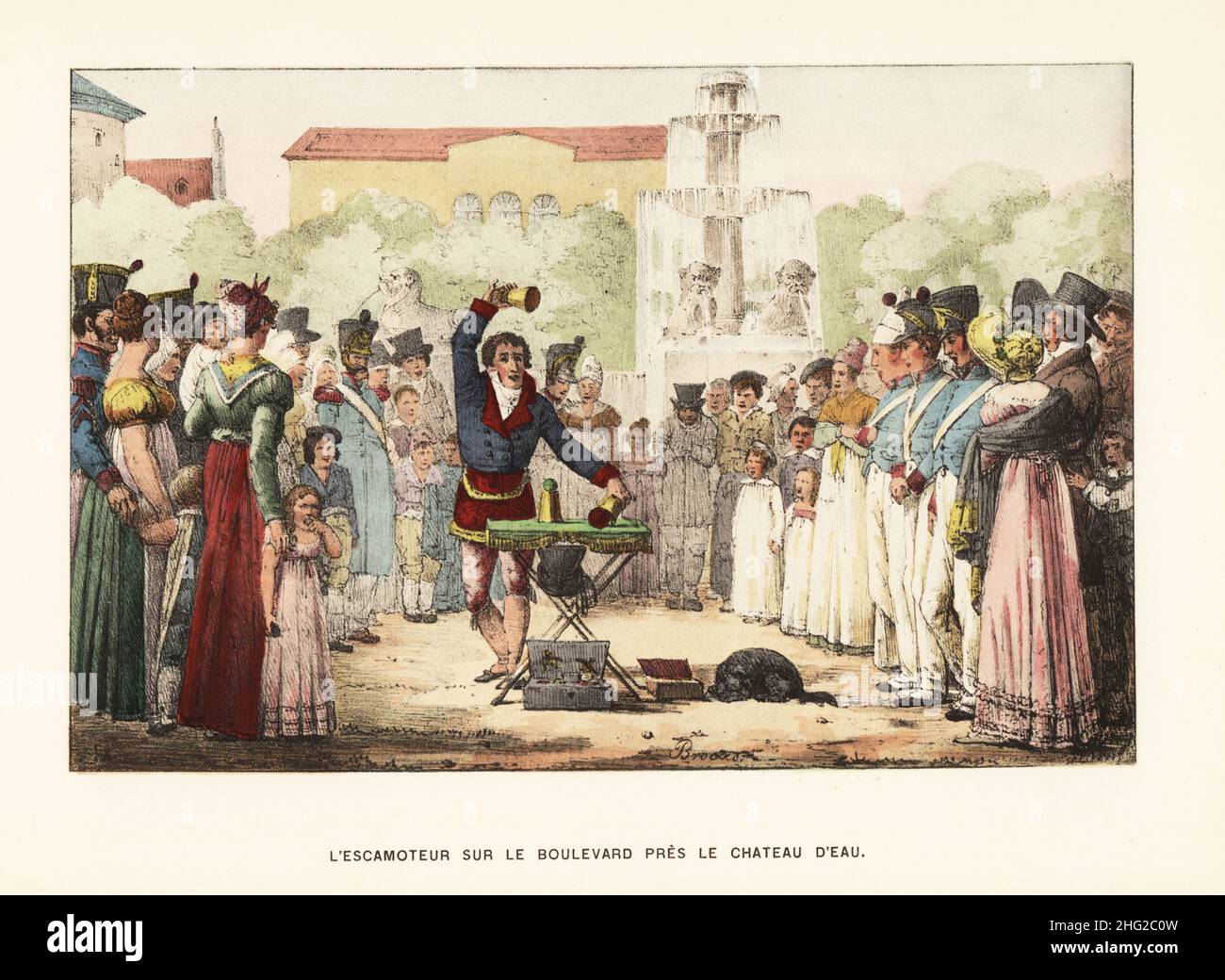Magician at the Chateau d'Eau performing sleight of hand in front of an audience of soldiers and nurses. Cups and balls or the shell game trick. From an illustration by Victor Auver from A Tour through Paris, 1825. L'escamoteur sur le boulevard pres le Chateau d'Eau. Handcoloured lithograph from Henry Rene d’Allemagne’s Recreations et Passe-Temps, Games and Pastimes, Hachette, Paris, 1906. Stock Photo
