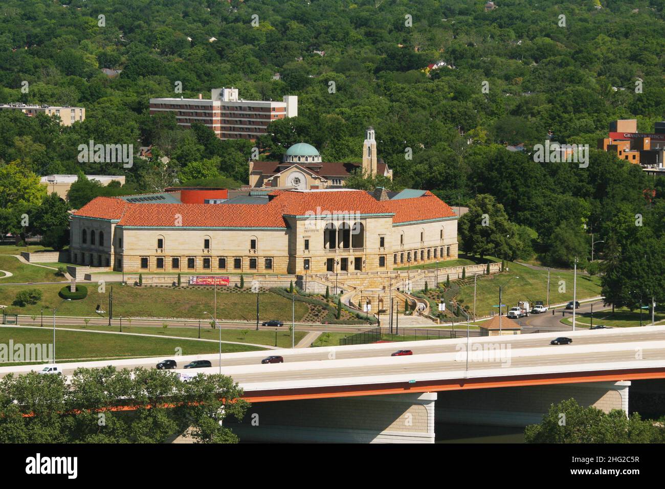 Dayton Art Institute aerial view. With I-75 highway just in front. Dayton, Ohio, USA. Stock Photo