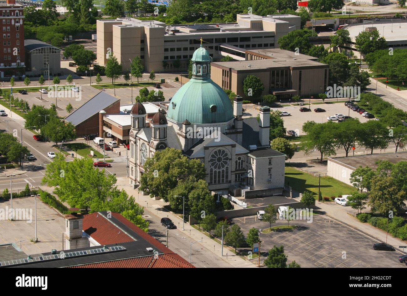 Sacred Heart Catholic Church aerial view. Dayton, Ohio, USA Stock Photo